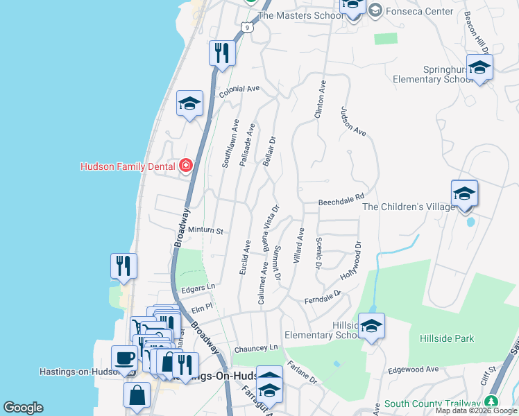 map of restaurants, bars, coffee shops, grocery stores, and more near 6 Bellair Drive in Hastings-on-Hudson