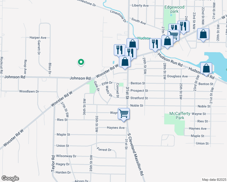 map of restaurants, bars, coffee shops, grocery stores, and more near 122 Meadow Court in Barberton