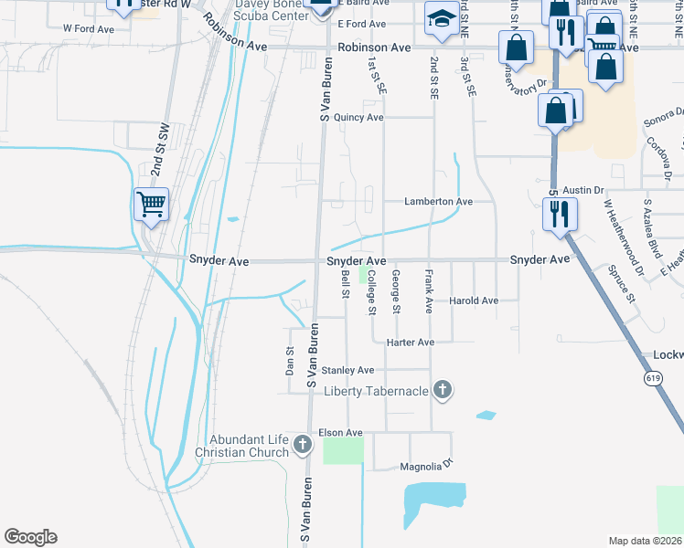 map of restaurants, bars, coffee shops, grocery stores, and more near 294 Bell Street in Barberton