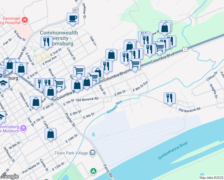 map of restaurants, bars, coffee shops, grocery stores, and more near 712 Oak Street in Bloomsburg