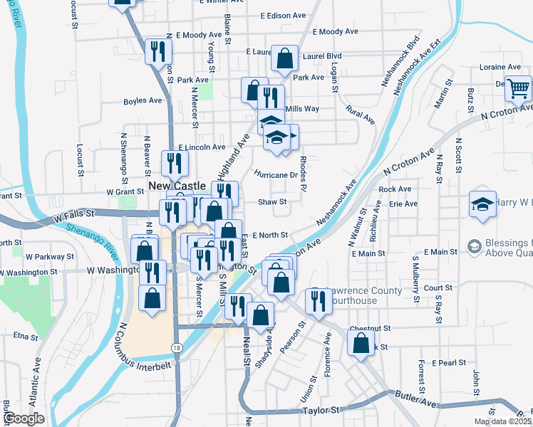 map of restaurants, bars, coffee shops, grocery stores, and more near 313 East Falls Street in New Castle