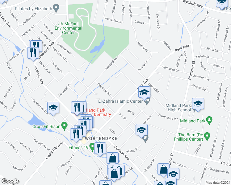 map of restaurants, bars, coffee shops, grocery stores, and more near 73 Burma Road in Wyckoff