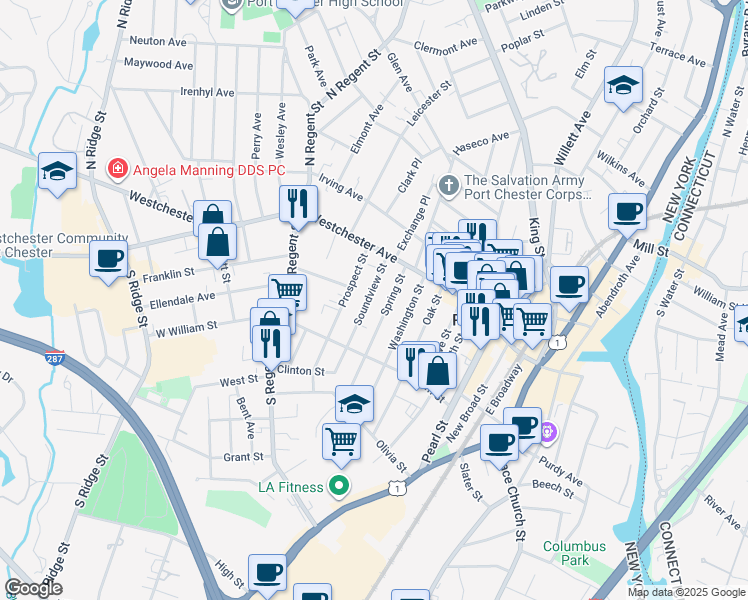 map of restaurants, bars, coffee shops, grocery stores, and more near 43 Soundview Street in Port Chester