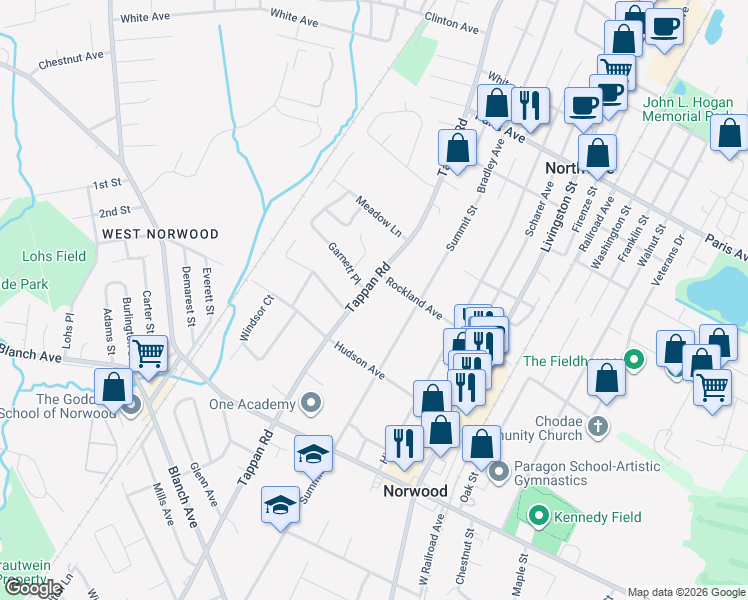 map of restaurants, bars, coffee shops, grocery stores, and more near 400 Tappan Road in Norwood