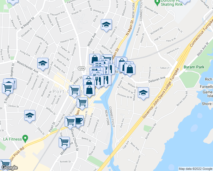 map of restaurants, bars, coffee shops, grocery stores, and more near 21 Willett Avenue in Port Chester
