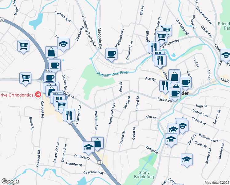 map of restaurants, bars, coffee shops, grocery stores, and more near 61 North Western Avenue in Butler