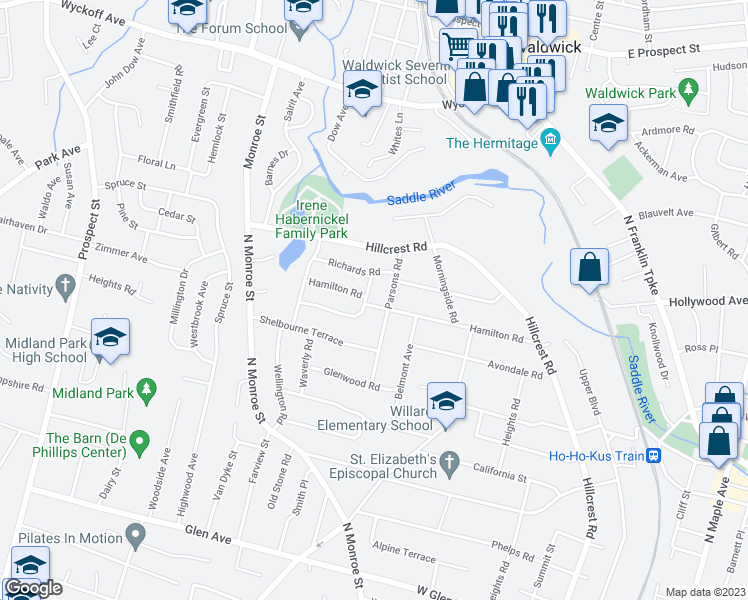 map of restaurants, bars, coffee shops, grocery stores, and more near 333 Hamilton Road in Ridgewood