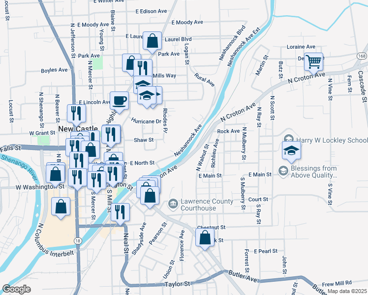 map of restaurants, bars, coffee shops, grocery stores, and more near 401 Neshannock Avenue in New Castle
