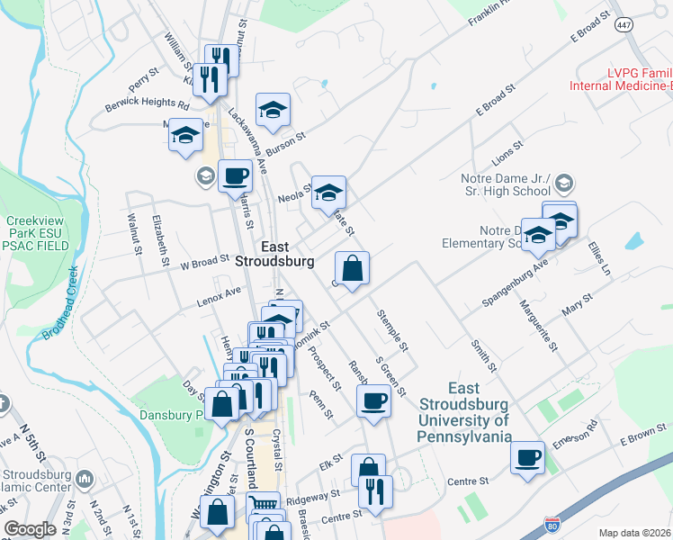 map of restaurants, bars, coffee shops, grocery stores, and more near 70 Grand Street in East Stroudsburg