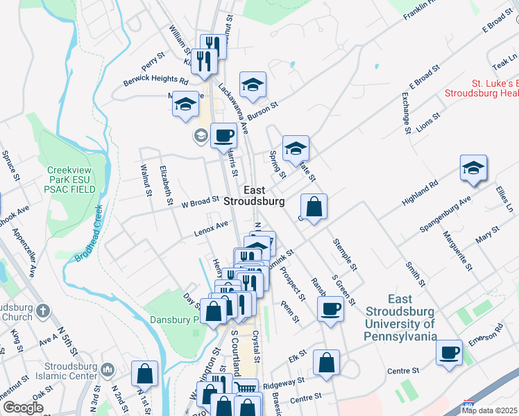 map of restaurants, bars, coffee shops, grocery stores, and more near 92 Lackawanna Avenue in East Stroudsburg