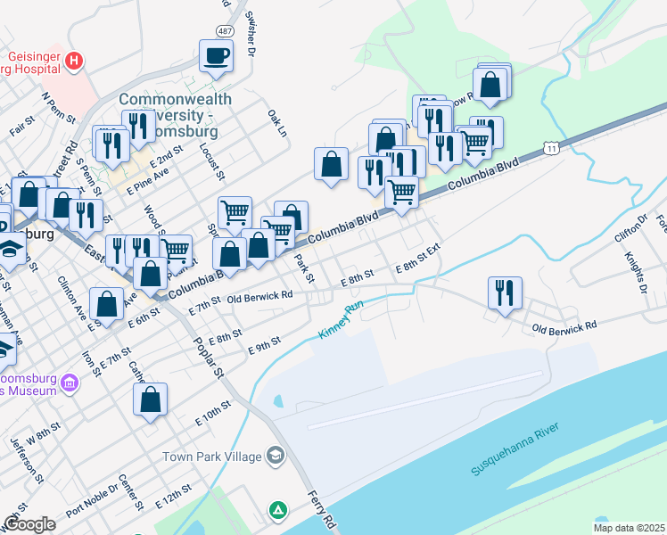 map of restaurants, bars, coffee shops, grocery stores, and more near 712 Oak Street in Bloomsburg