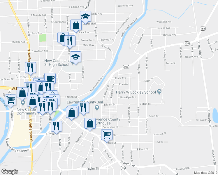 map of restaurants, bars, coffee shops, grocery stores, and more near 208 North Walnut Street in New Castle