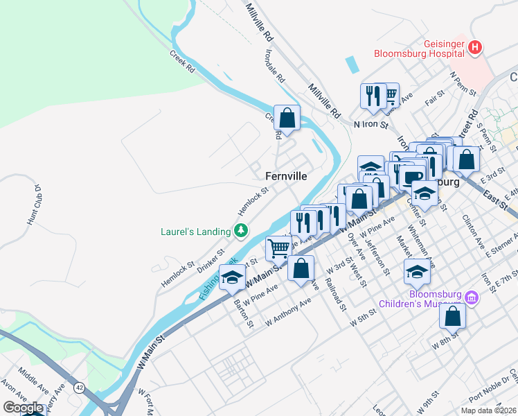 map of restaurants, bars, coffee shops, grocery stores, and more near 239 Drinker Street in Bloomsburg