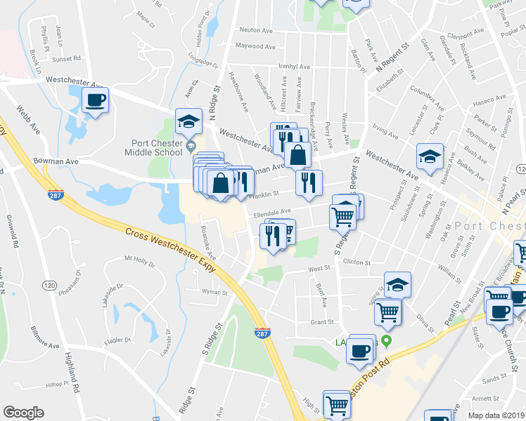 map of restaurants, bars, coffee shops, grocery stores, and more near 523 Ellendale Avenue in Rye Brook