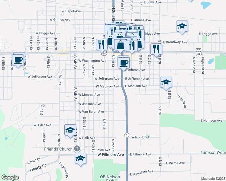 map of restaurants, bars, coffee shops, grocery stores, and more near 549 S 2nd St in Fairfield