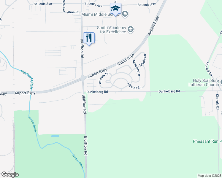 map of restaurants, bars, coffee shops, grocery stores, and more near 2240 Dunkelberg Road in Fort Wayne