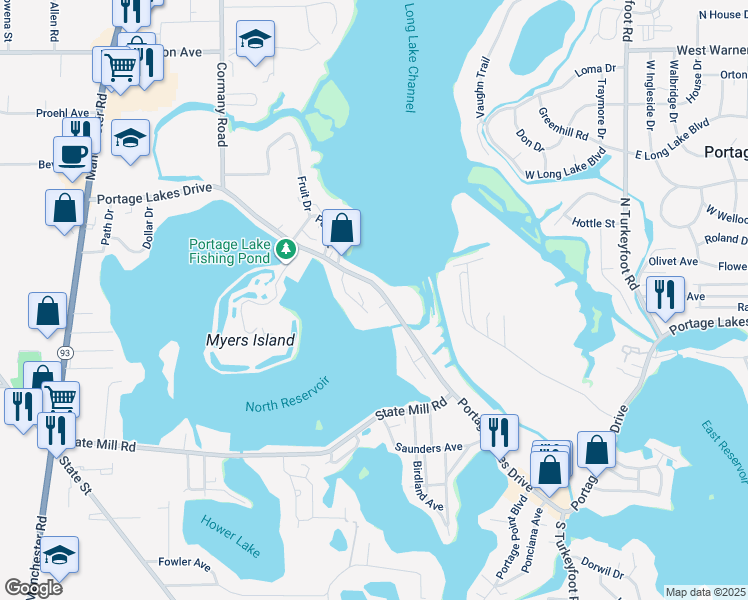 map of restaurants, bars, coffee shops, grocery stores, and more near 796 Portage Lakes Drive in Akron