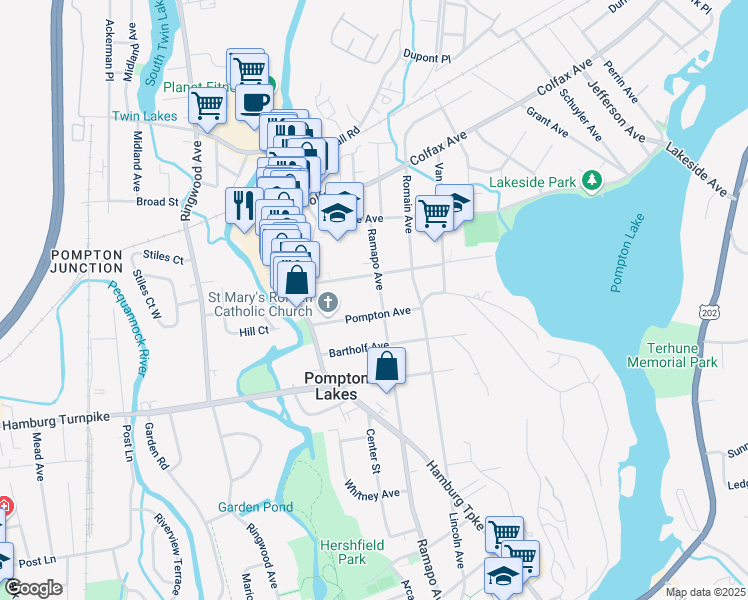 map of restaurants, bars, coffee shops, grocery stores, and more near 124 Ramapo Avenue in Pompton Lakes
