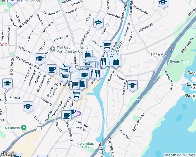 map of restaurants, bars, coffee shops, grocery stores, and more near 21 Willett Avenue in Port Chester