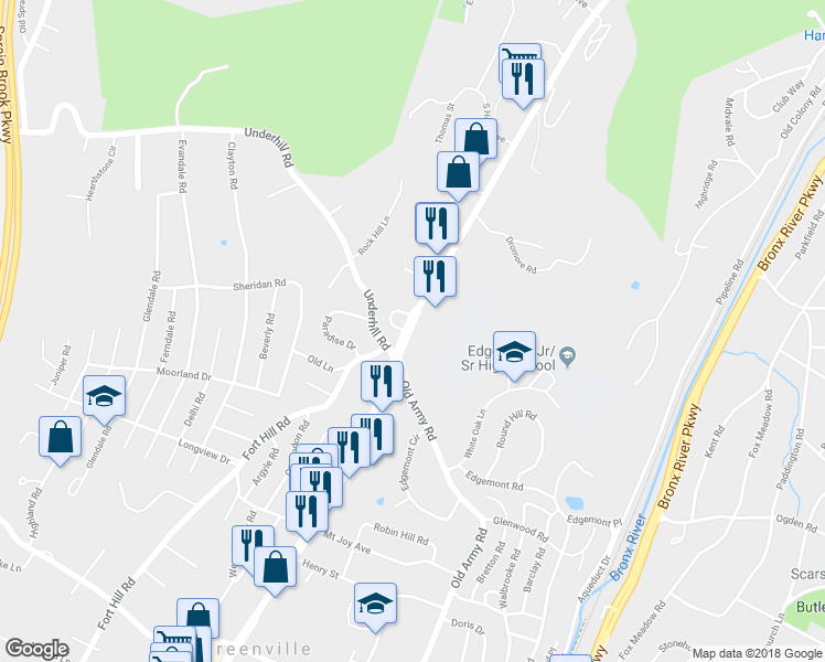 map of restaurants, bars, coffee shops, grocery stores, and more near 1 Campus Place in Scarsdale