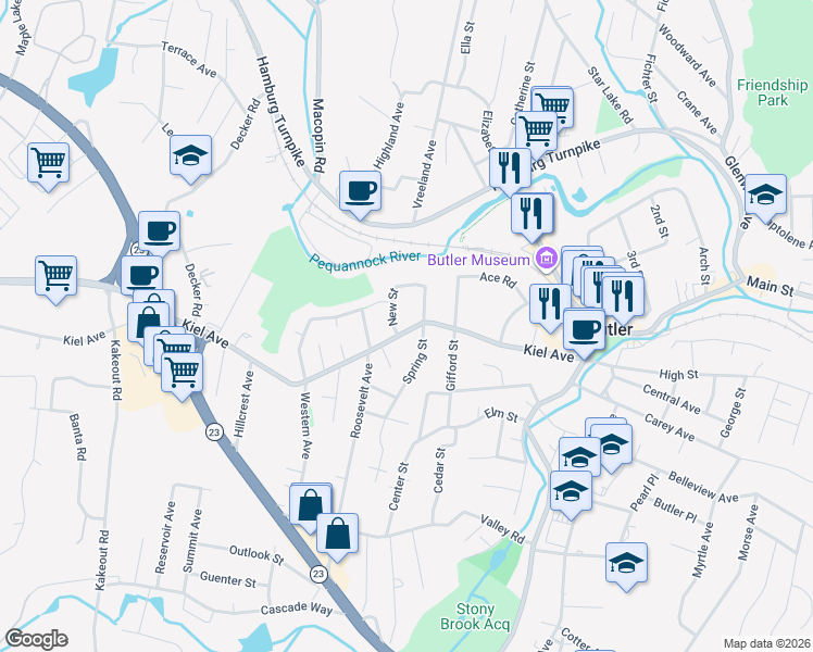 map of restaurants, bars, coffee shops, grocery stores, and more near 80 Kiel Avenue in Butler