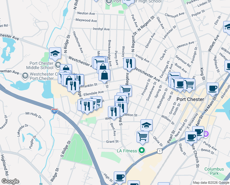 map of restaurants, bars, coffee shops, grocery stores, and more near 45 Ellendale Avenue in Port Chester