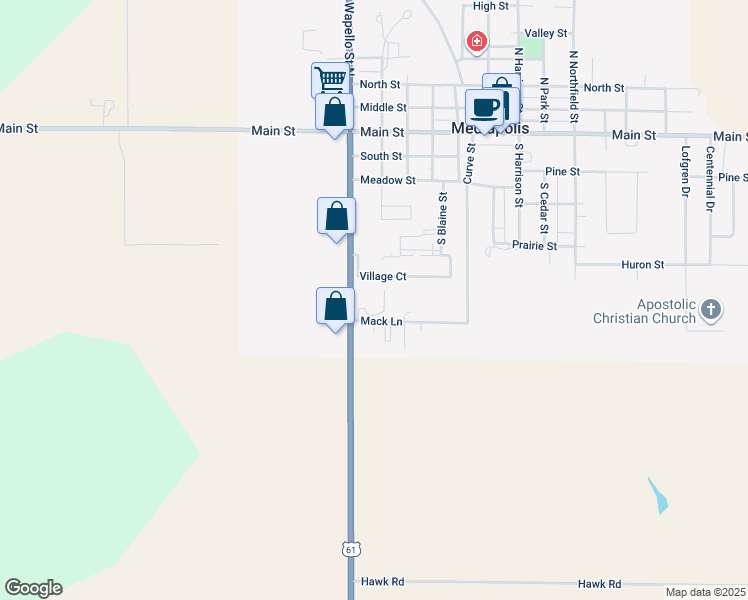 map of restaurants, bars, coffee shops, grocery stores, and more near 732 Wapello Street South in Mediapolis