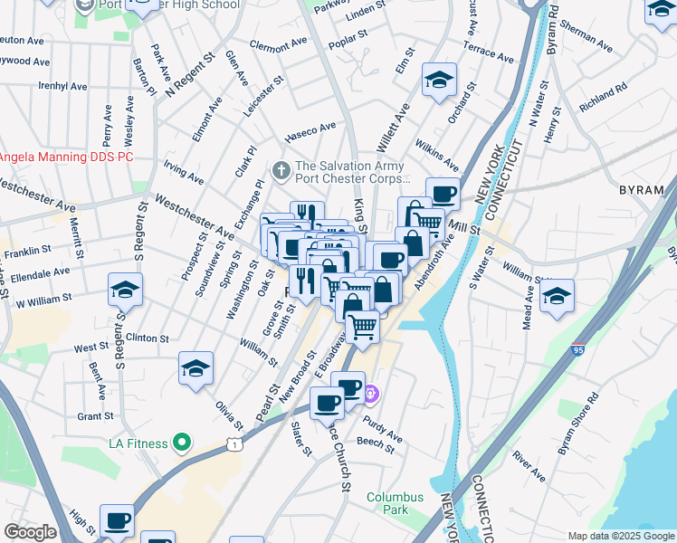map of restaurants, bars, coffee shops, grocery stores, and more near 147 North Pearl Street in Port Chester