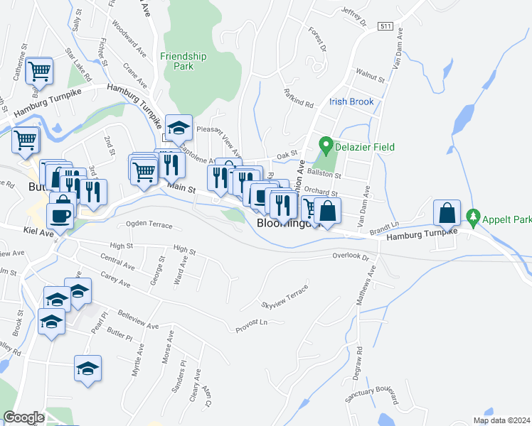 map of restaurants, bars, coffee shops, grocery stores, and more near 62 Main Street in Bloomingdale