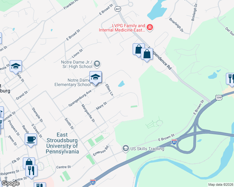 map of restaurants, bars, coffee shops, grocery stores, and more near 274 Mary St in East Stroudsburg