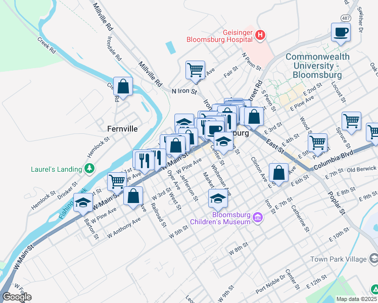 map of restaurants, bars, coffee shops, grocery stores, and more near 102 West Main Street in Bloomsburg