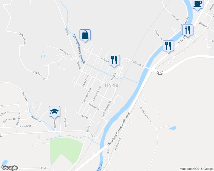 map of restaurants, bars, coffee shops, grocery stores, and more near 1601 Washington Avenue in Clearfield