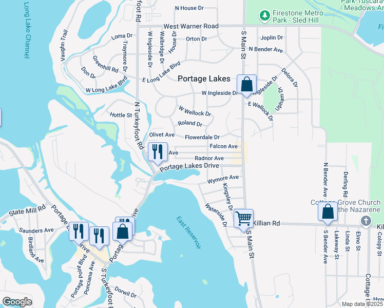 map of restaurants, bars, coffee shops, grocery stores, and more near 116 Lakota Avenue in Akron