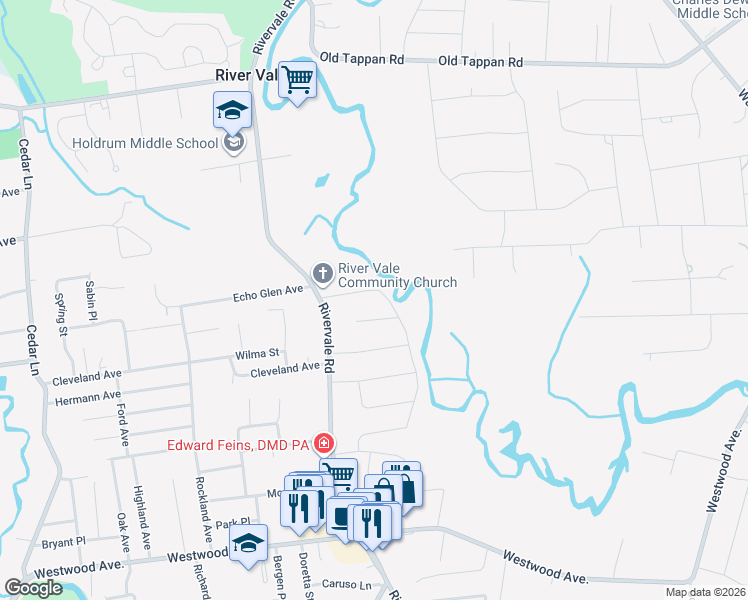 map of restaurants, bars, coffee shops, grocery stores, and more near 619 New St in River Vale