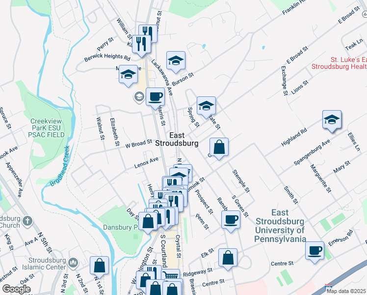 map of restaurants, bars, coffee shops, grocery stores, and more near 92 Lackawanna Avenue in East Stroudsburg