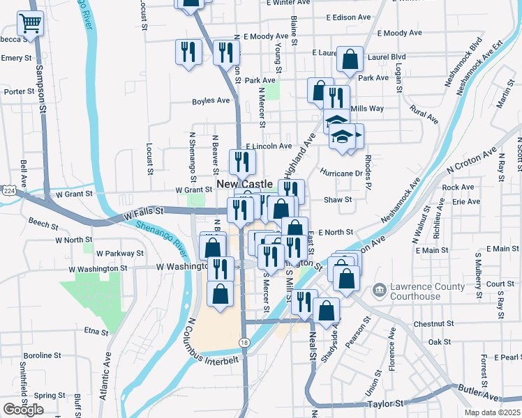 map of restaurants, bars, coffee shops, grocery stores, and more near 201 North Mercer Street in New Castle