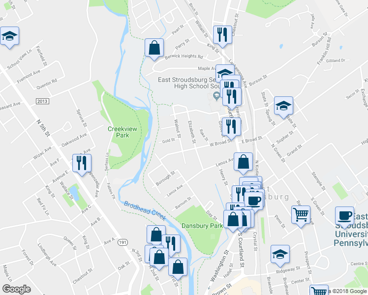 map of restaurants, bars, coffee shops, grocery stores, and more near 122 West Broad Street in East Stroudsburg