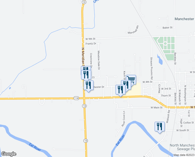 map of restaurants, bars, coffee shops, grocery stores, and more near 1601 Villa Court in North Manchester