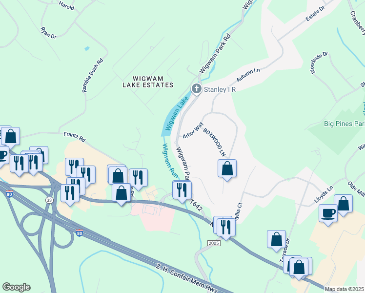 map of restaurants, bars, coffee shops, grocery stores, and more near 2182 Wigwam Park Road in Stroudsburg