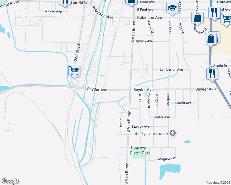 map of restaurants, bars, coffee shops, grocery stores, and more near 158 Snyder Avenue in Barberton