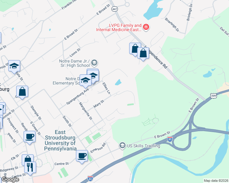 map of restaurants, bars, coffee shops, grocery stores, and more near 274 Mary Street in East Stroudsburg