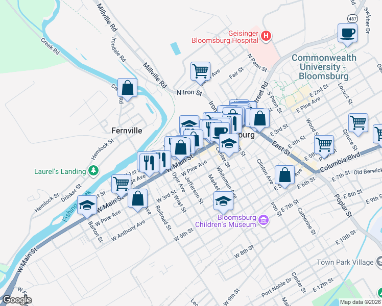 map of restaurants, bars, coffee shops, grocery stores, and more near 105 West Main Street in Bloomsburg