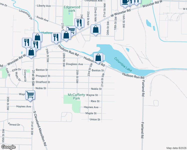 map of restaurants, bars, coffee shops, grocery stores, and more near 1107 Prospect Street in Barberton