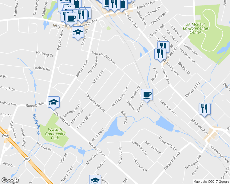 map of restaurants, bars, coffee shops, grocery stores, and more near 314 Sunset Boulevard in Wyckoff