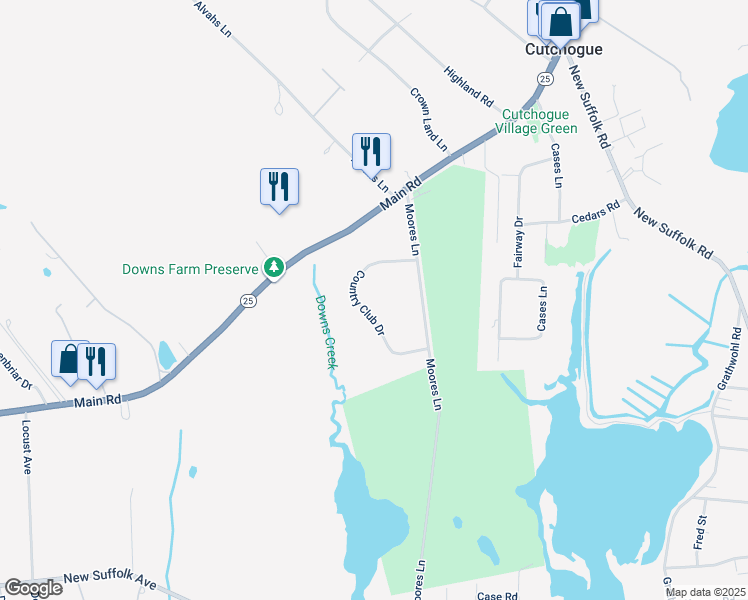map of restaurants, bars, coffee shops, grocery stores, and more near 1215 Country Club Drive in Cutchogue