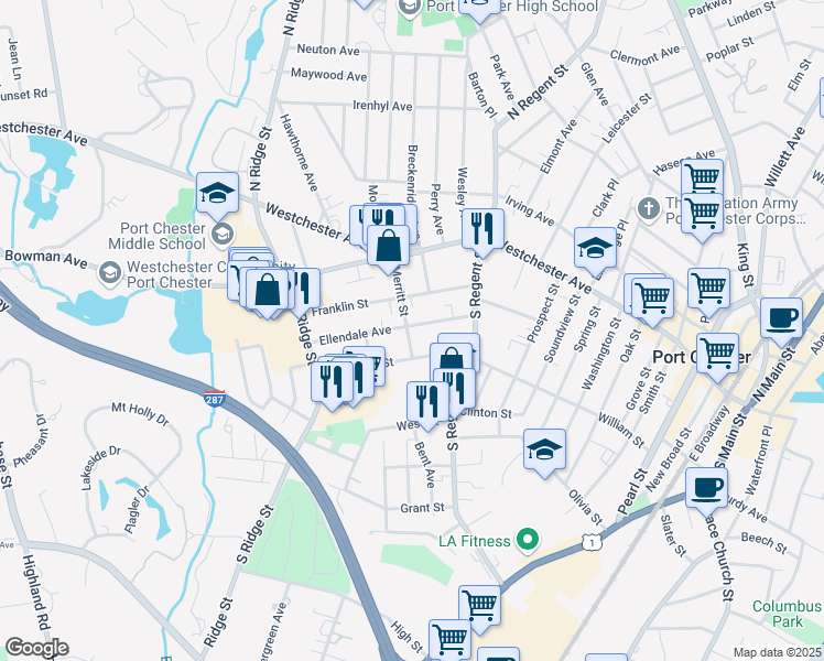 map of restaurants, bars, coffee shops, grocery stores, and more near 65 Merritt Street in Port Chester