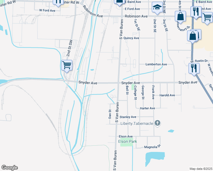 map of restaurants, bars, coffee shops, grocery stores, and more near 158 Snyder Avenue in Barberton