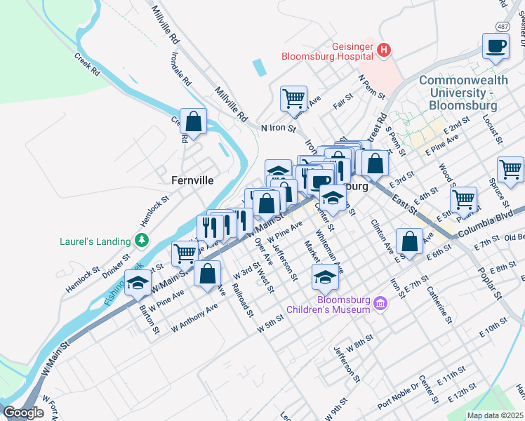 map of restaurants, bars, coffee shops, grocery stores, and more near 150 West Ridge Avenue in Bloomsburg