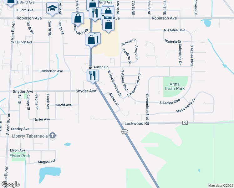 map of restaurants, bars, coffee shops, grocery stores, and more near 290 W Heatherwood Dr in Barberton