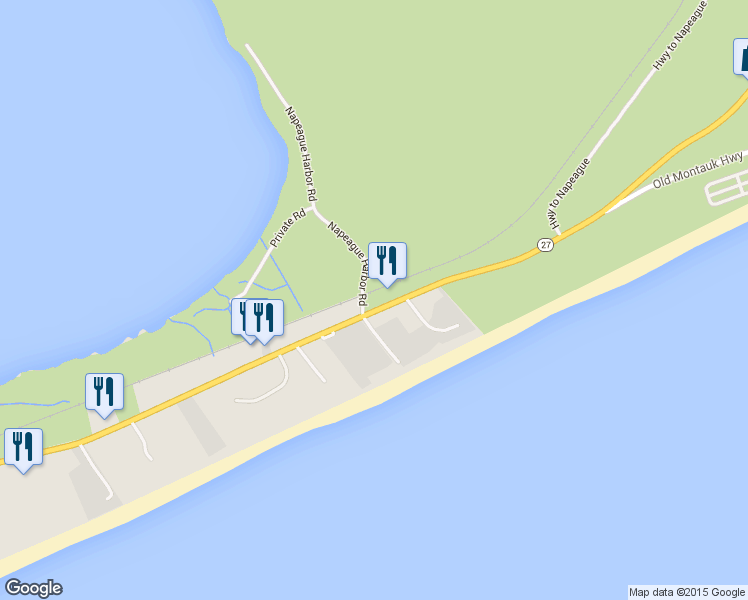 map of restaurants, bars, coffee shops, grocery stores, and more near 2163 Montauk Highway in Montauk